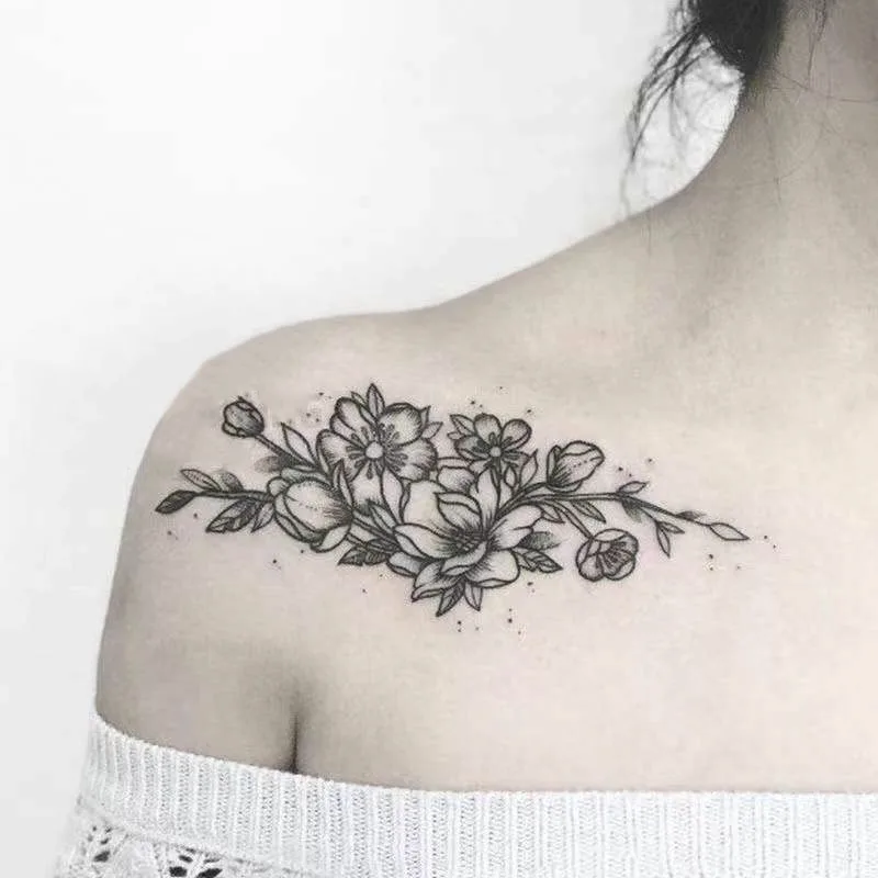 Waterproof Temporary Tattoo Black Sketch Flower Body Art Fake Tattoo Flash Tatto Clavicle Shoulder Female