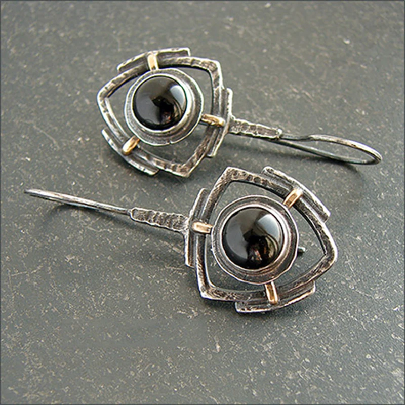 

Vintage Tribal Black Stone Earring Indian Jewelry Geometric Triangle Hollow Drop Dangle Earrings Z4M569