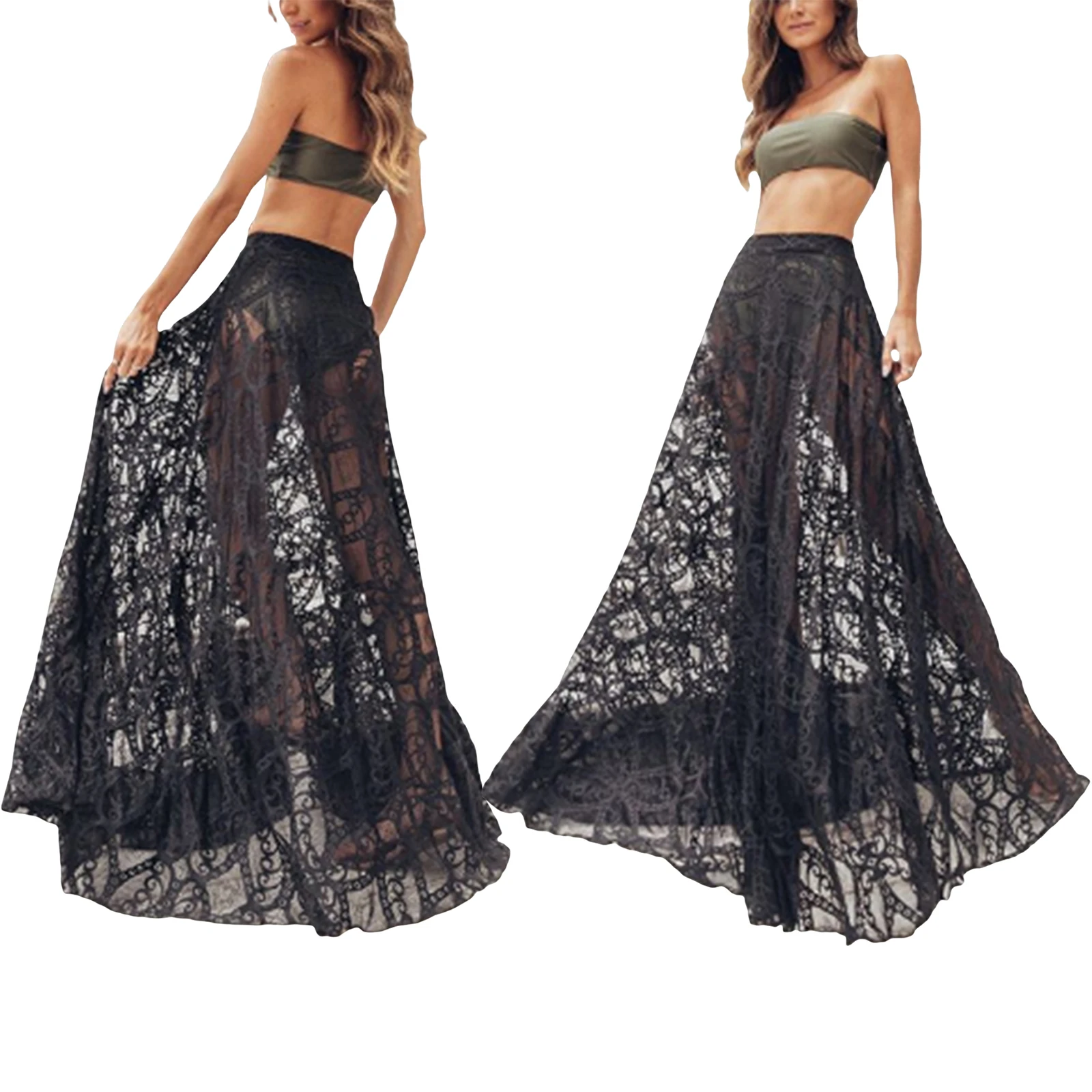 

2021 Women's Long High Waist Lace Skirts See-through Mopping Skirt Solid Color Hollow Clothing Loose A-line Beach Skirts