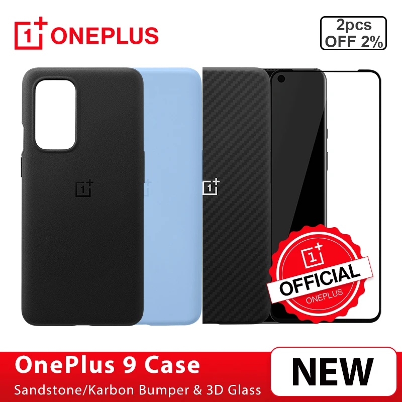 Funda 100% Original para OnePlus 9, carcasa protectora de pantalla de vidrio templado 3D, de piedra arenisca, Bamper, Karbon-0