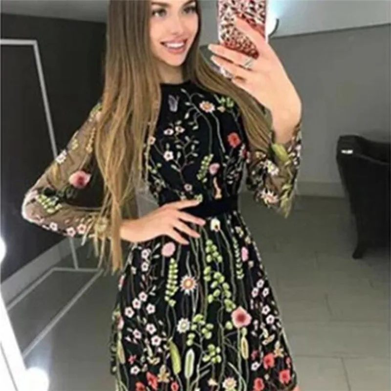 black Стиль, Сетчатое лоскутное короткое платье с розовыми цветами, платье для дня рождения, вечеринки, празднования, женское платье с вышивкой для ночного клуба - Цвет: black