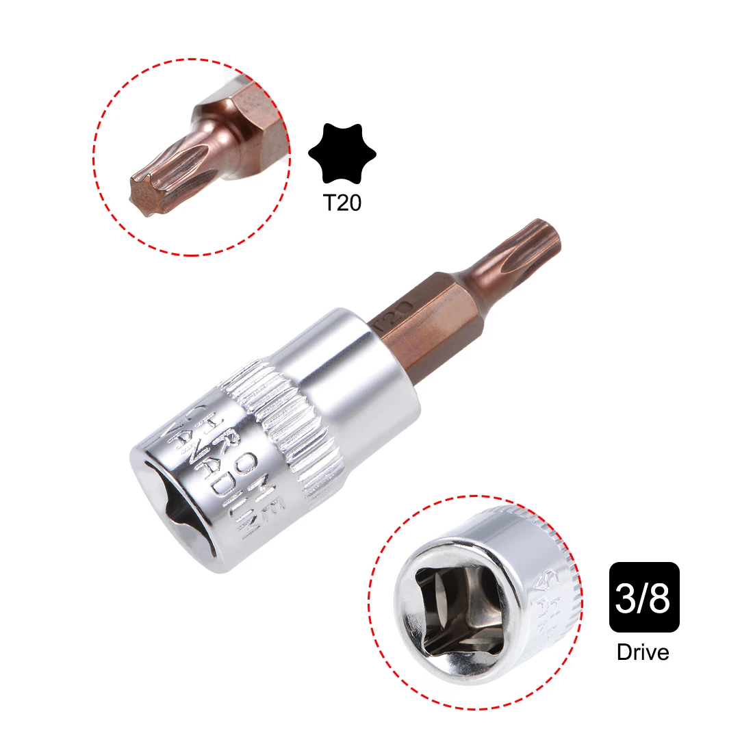 Торцевые головки Uxcell Torx T20/30/40/45/50/3/8 сталь S2 длина 48 мм латунь серебристый тон