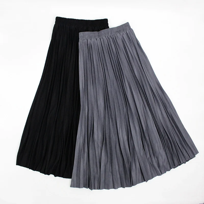 Двухслойная осенне зимняя женская замшевая юбка длинные плиссированные юбки