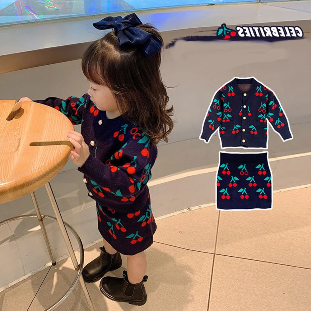 

Autumn Children's Sweater + Skirt Suit Wear Trend Cherry DA Casual Lovely Knitting Cardigan+Skirt 2-Piece Set Kids Girls Clothes