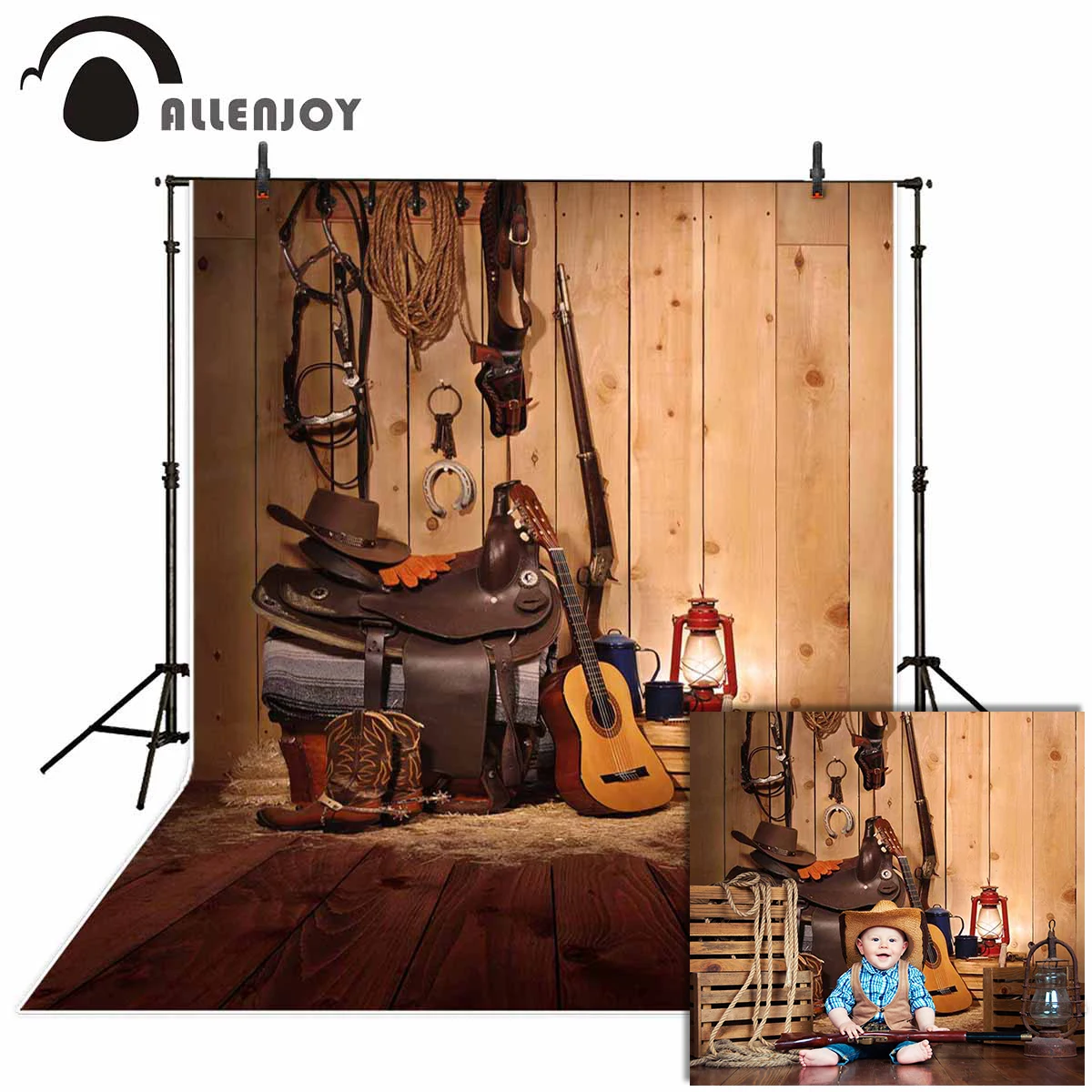 

Allenjoy western photography background cowboy music countryside wood backdrop photocall photobooth decoration new fabric