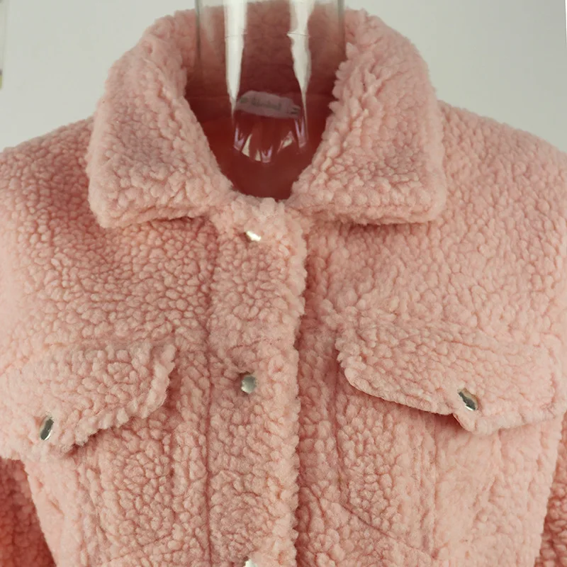 

Winter Browm Wool Overcoat Warm Outerwear Women Clothes Pink Faux Fur Coat Turn Down Collar Long Sleeve Cardigan Female Outwear