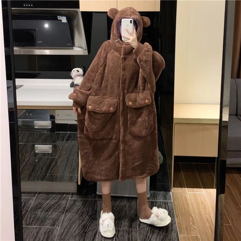 

Cute Bear Hooded Fleece-lined Thick Coral Fleece Nightdress Nightgown Pajamas Women's Winter Plush Home Wear Autumn and Winter