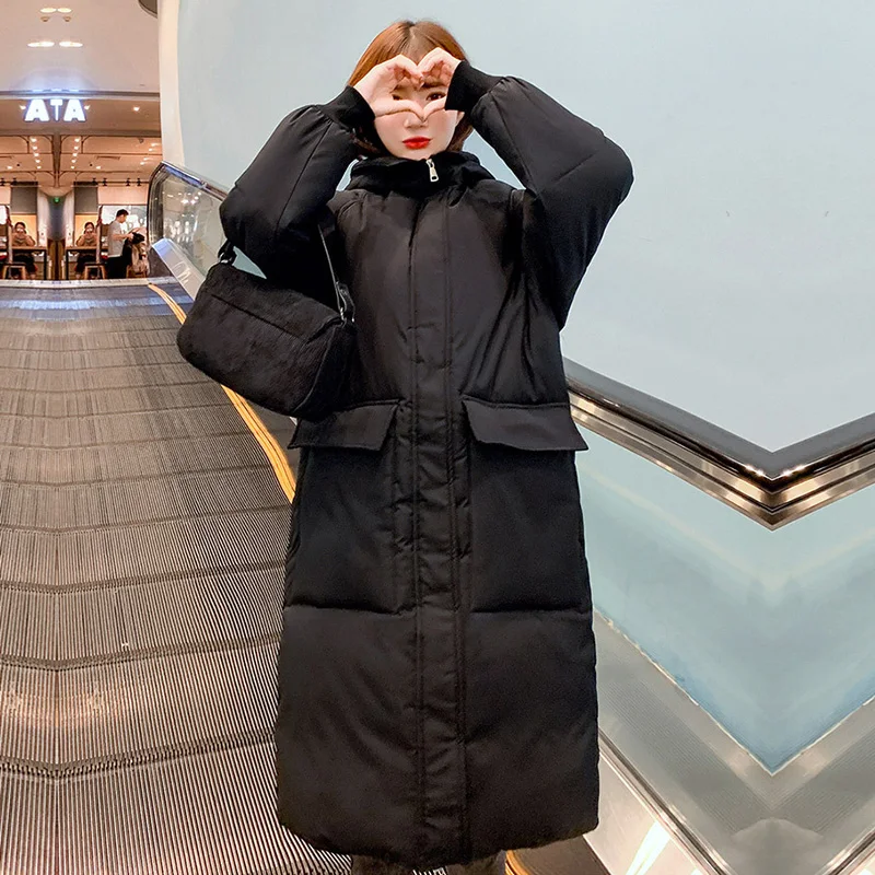 

Fashion Solid Long Thick Winter Jacket Women Warm Loose Hooded Down Parkas Full Sleeve with Big Pocket Ladies Coats