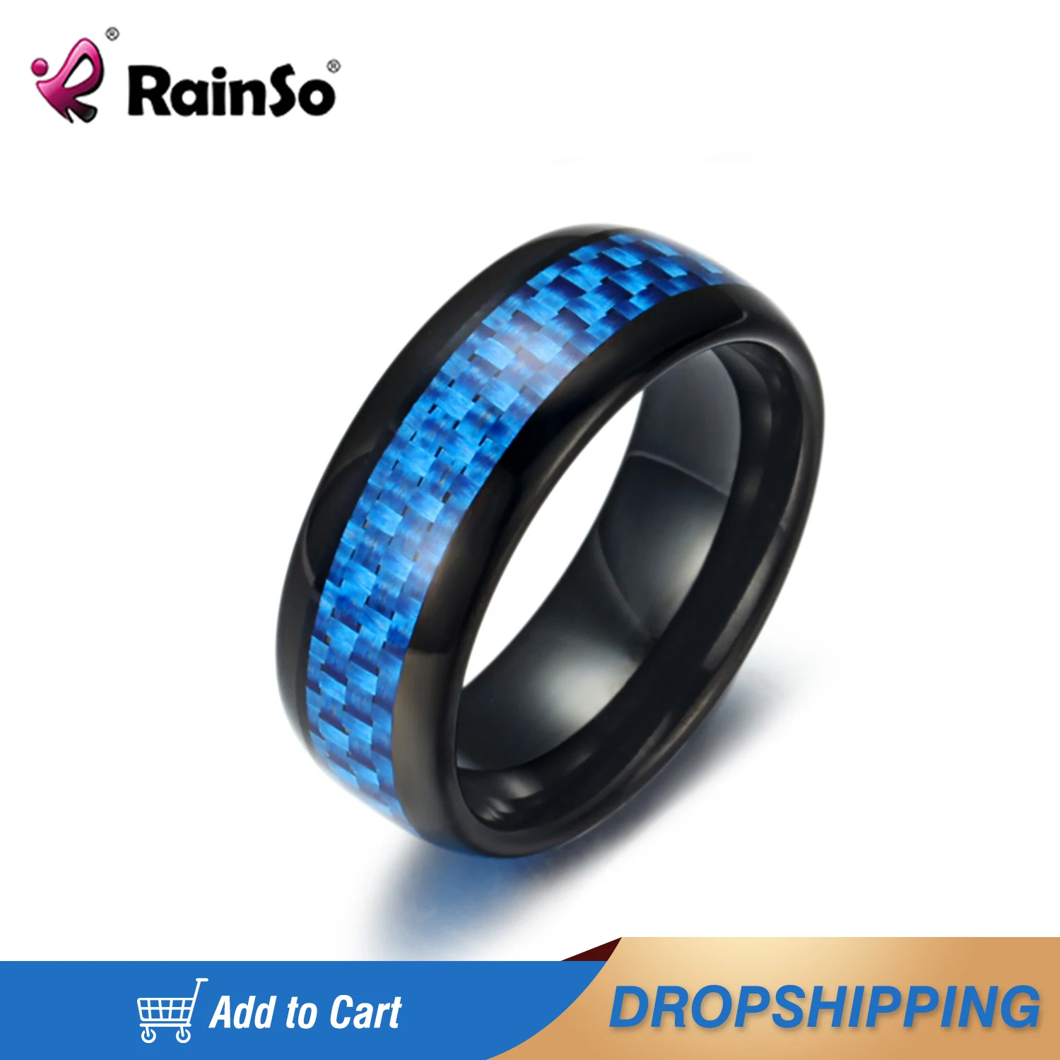 

Rainso 2019 New Men's Blue Carbon Fiber Ring Tungsten Charm Black Engagement Ring for Men luxury Finger Ring Jewelry for Party