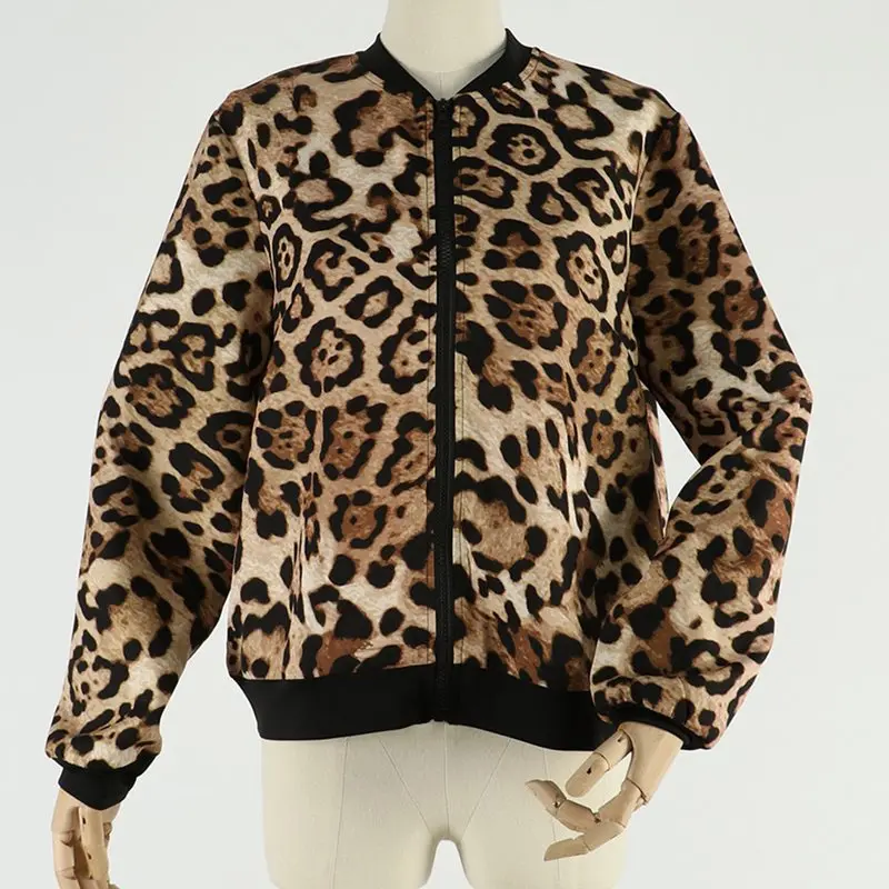 Женская бейсбольная куртка с леопардовым принтом длинным рукавом на молнии