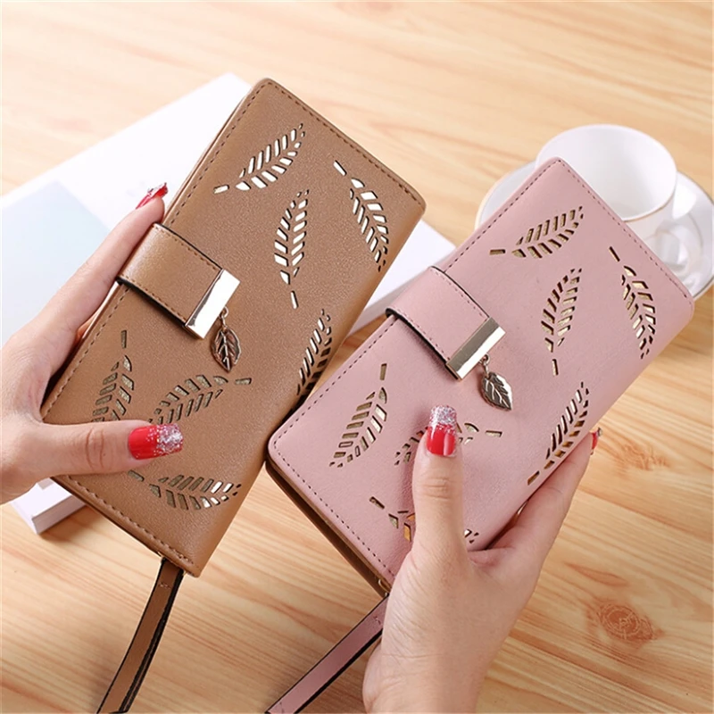 

2021 Women Wallet PU Leather Purse Female Long Wallet Gold Hollow Leaves Pouch Handbag For Women Coin Purse Card Holders Clutch