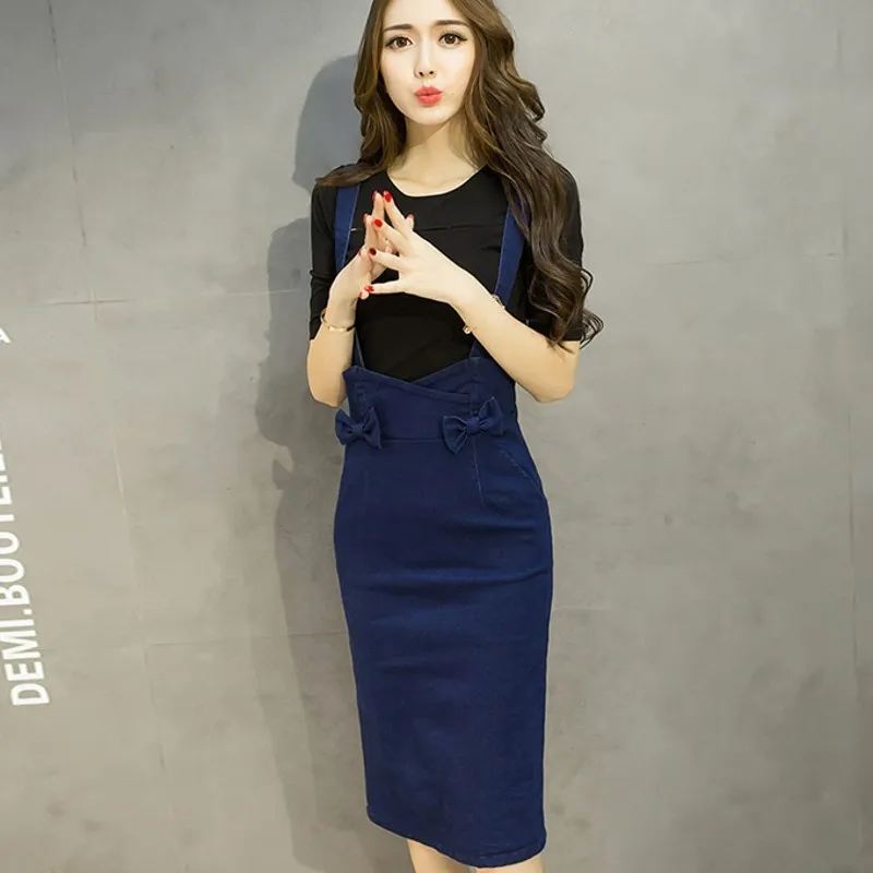 Женская Облегающая джинсовая юбка на бретелях футболка комплект из двух