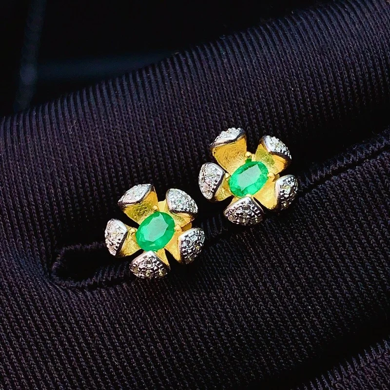 

925 Sterling Silver Inlaid Natural Emerald Women Vintage Popular Square Plant Gem Earrings Ear Stud Support Detection