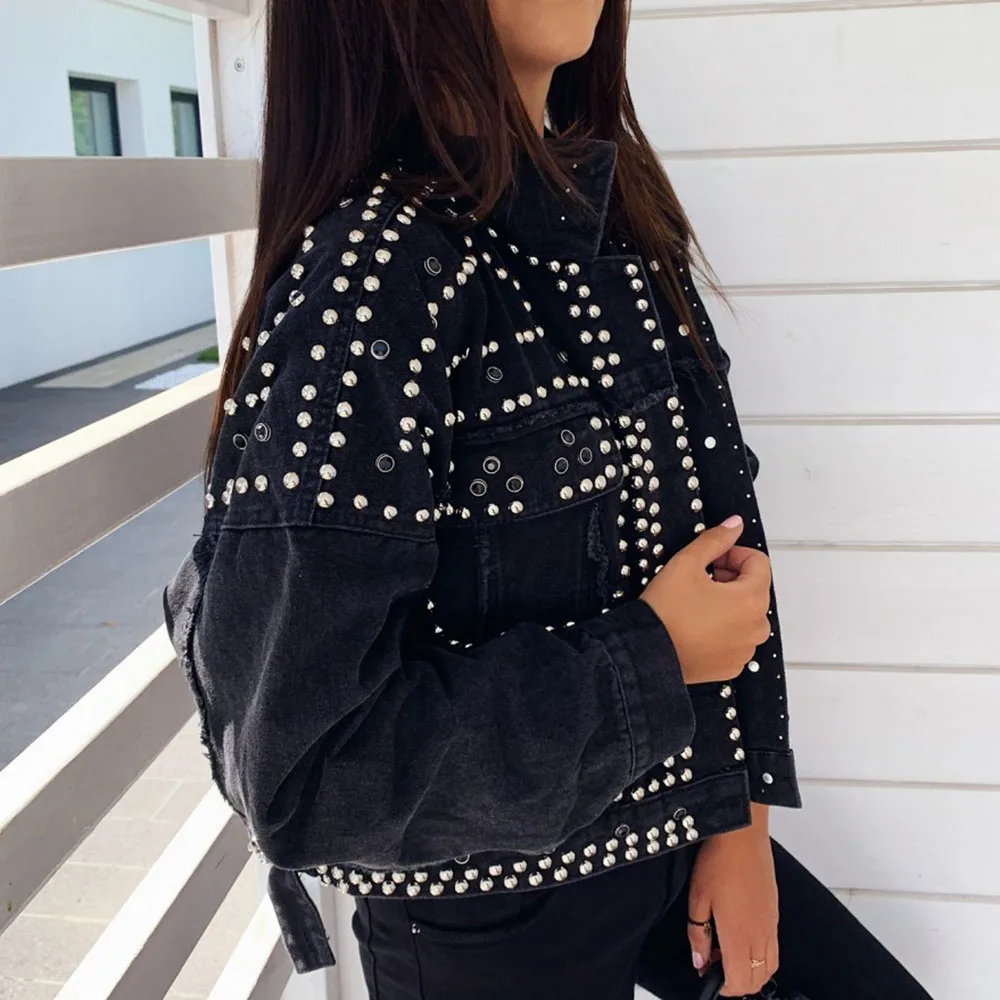 Winter Autumn Women Harajuku Rivet Jacket Coat Short Jeans Student Basic Coats Outfit Long Sleeve Single Breasted |