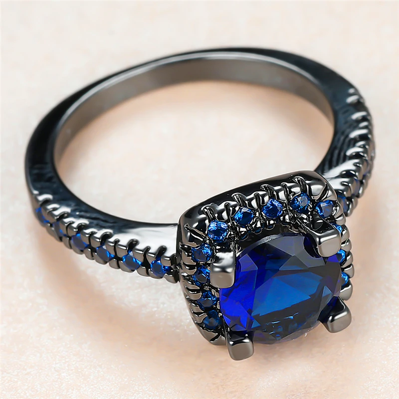 

Trendy Female Blue Crystal Stone Ring Charm 14KT Black Gold Wedding Rings For Women Luxury Bride Square Zircon Engagement Ring