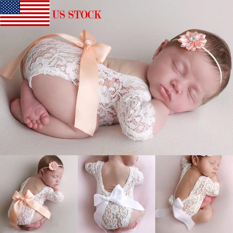 Кружевной комбинезон+ повязка на голову для новорожденных; одежда для фотосессии; кружевные аксессуары для волос с бантом; Комплект для фотосессии; реквизит для новорожденных