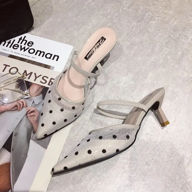 

2019 New Polka Dot High Heel Women Sandals Pointed Toe Lace Mules Sandals Shoes Vintage Geometry Heel Women Sandals