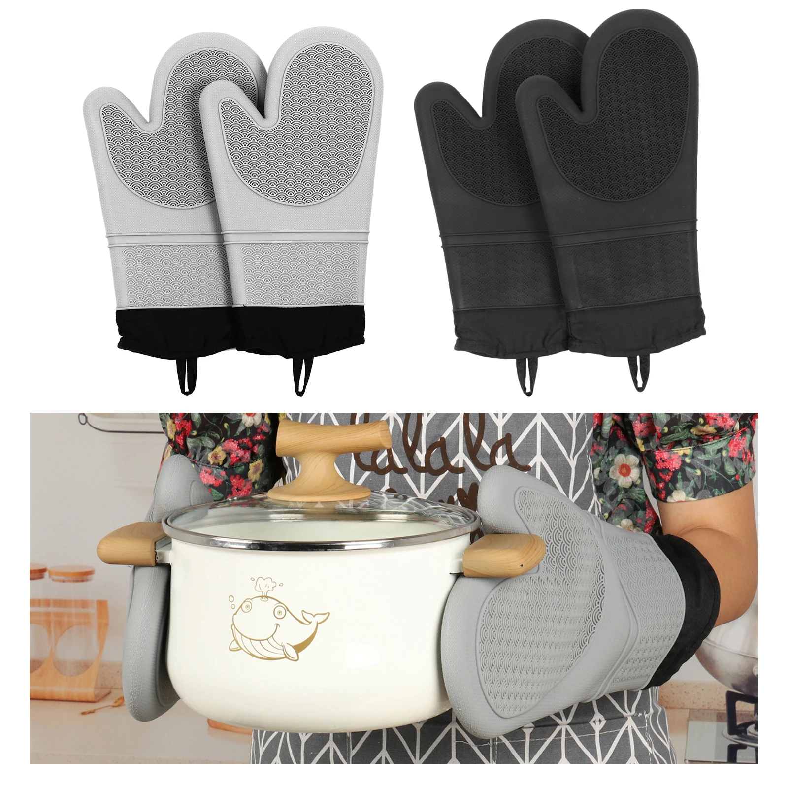 

2Pcs Thicken Silicone Oven Mitts Heat Resistant Oven Gloves Pot Holders Soft Cotton Lining Kitchen Pads for Grilling Microwave