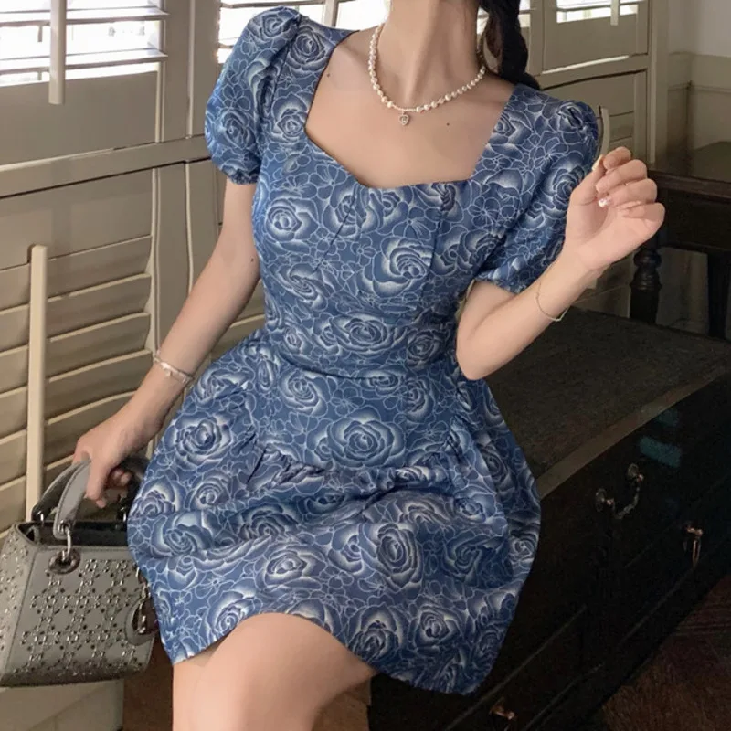 

High Quality Summer Women's Clothing 2021 New French Vintage Printed Mini Dress Short Sleeve Casual Slim Party Dress Vestidos
