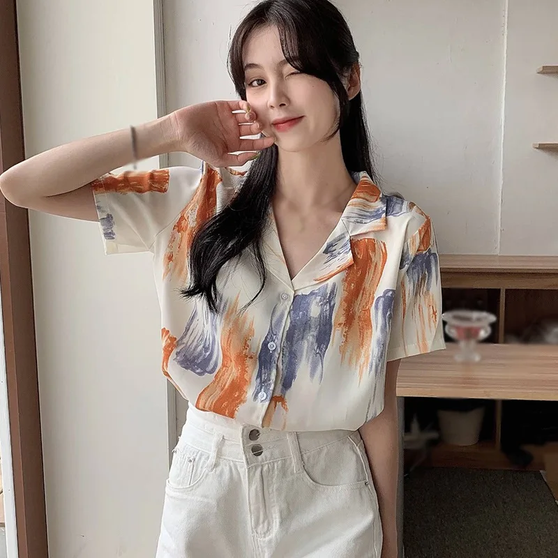 

Women Short Sleeve Chiffon Blouse Female Shirts Print Casual Blouse Loose Simple Shirt