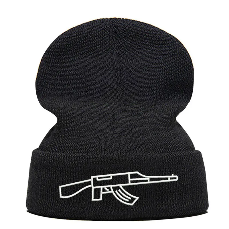 Beanie шляпа Skullie Кепки смутная зима вышивка в стиле панк Для мужчин Для женщин подростков уличных танцев забавные по заказу покупателя хип-хоп-автоматом AK - Цвет: Черный