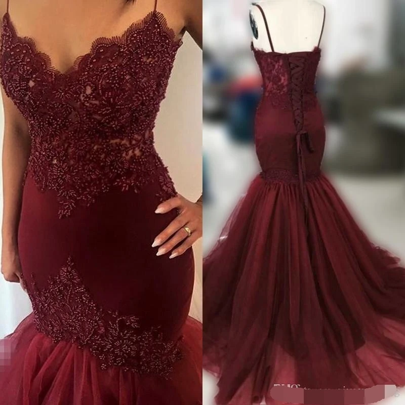 

Heavy Beaded Burgundy Mermaid Prom Dresses Sexy Spaghetti Straps Corset Sweep Train robe de soiree Evening Dress Formal Gown