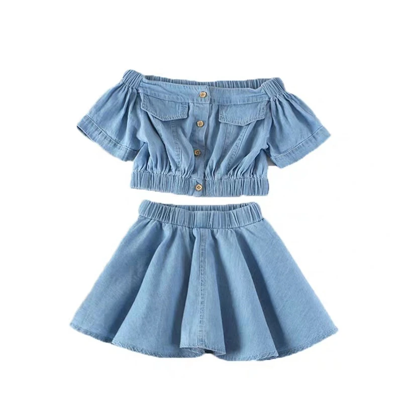 

Summer Girl Denim Clothing Sets Toddler Fashion High Waist Pleated Dress Clothes Children Strapless Sleeve Tops Short Dress 2pcs