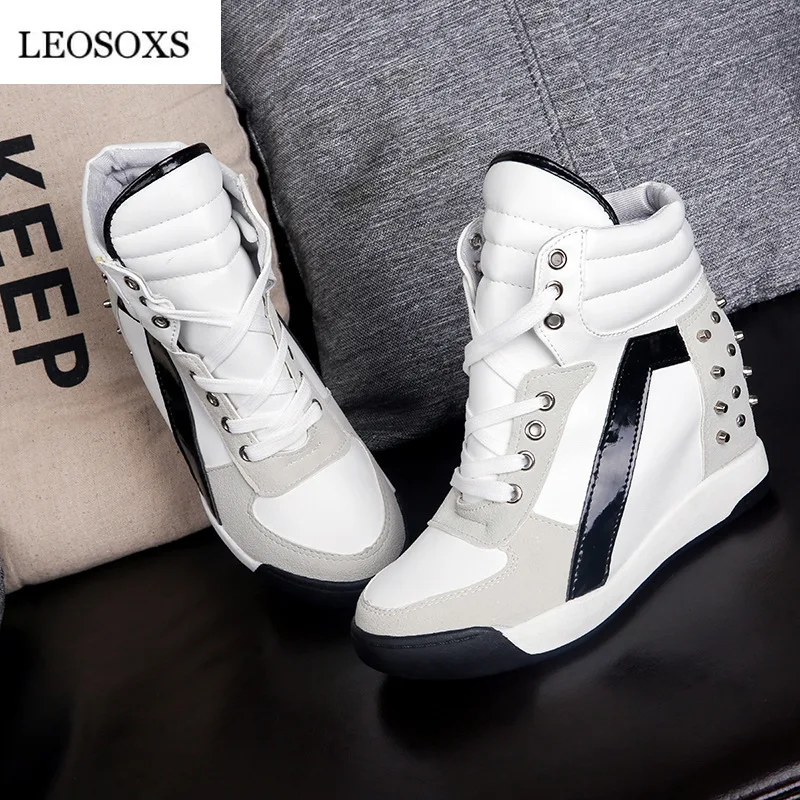 LEOSOXS Rivet Women Sneakers Wedge Platform Female Casual Shoes High-Top Lace-Up Increase Vulcanized | Обувь