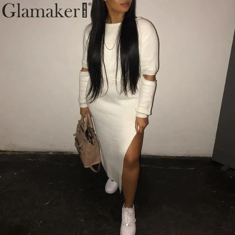Женское вязаное платье свитер Glamaker белое ажурное миди с длинным рукавом и