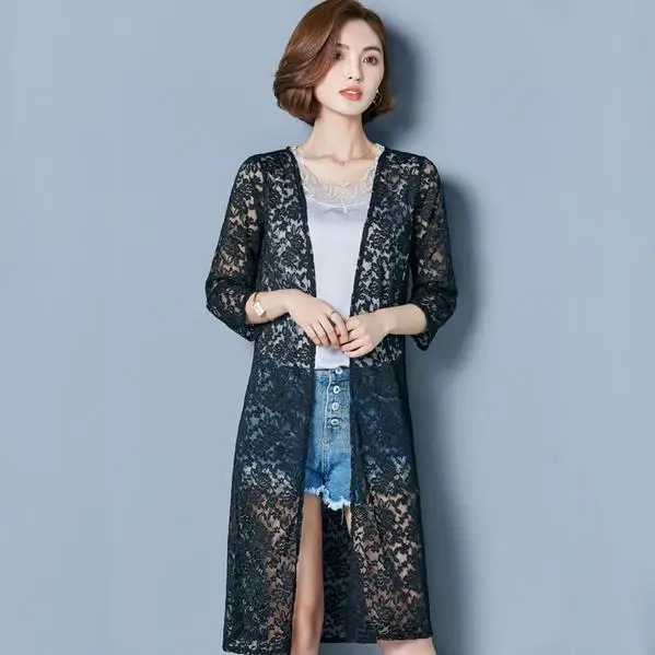 Женская летняя накидка Пляжная длинная куртка кружевное сексуальное пальто