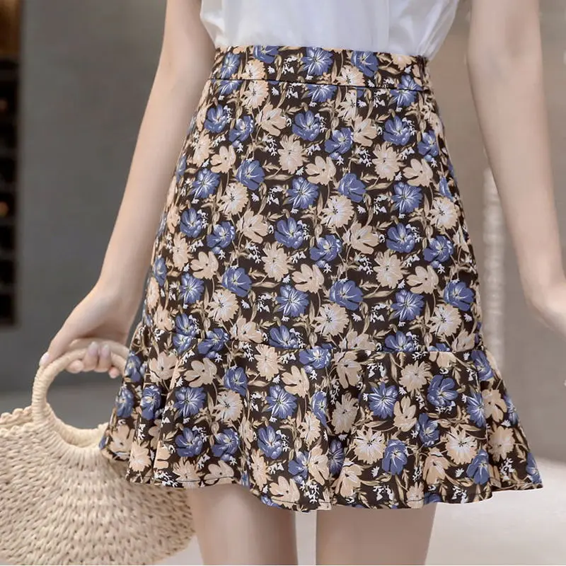 

Slim high waist floral pattern skirt daisy fishtail print skirt Retro Slim sexy pleated skirt women's skirt summer 2021