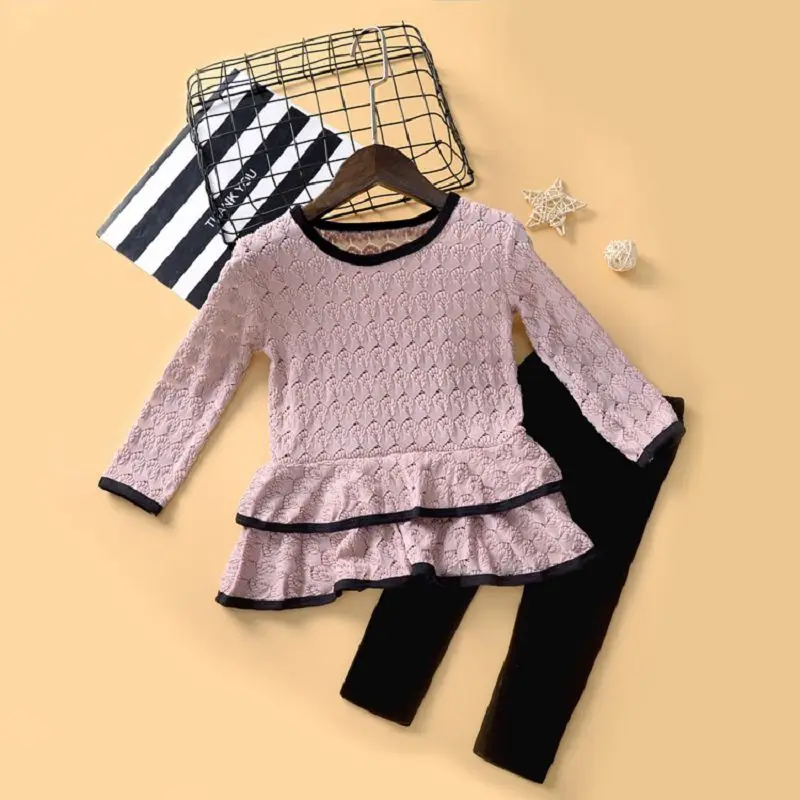 Новый модный кружевной топ с длинным рукавом для маленьких девочек + брюки