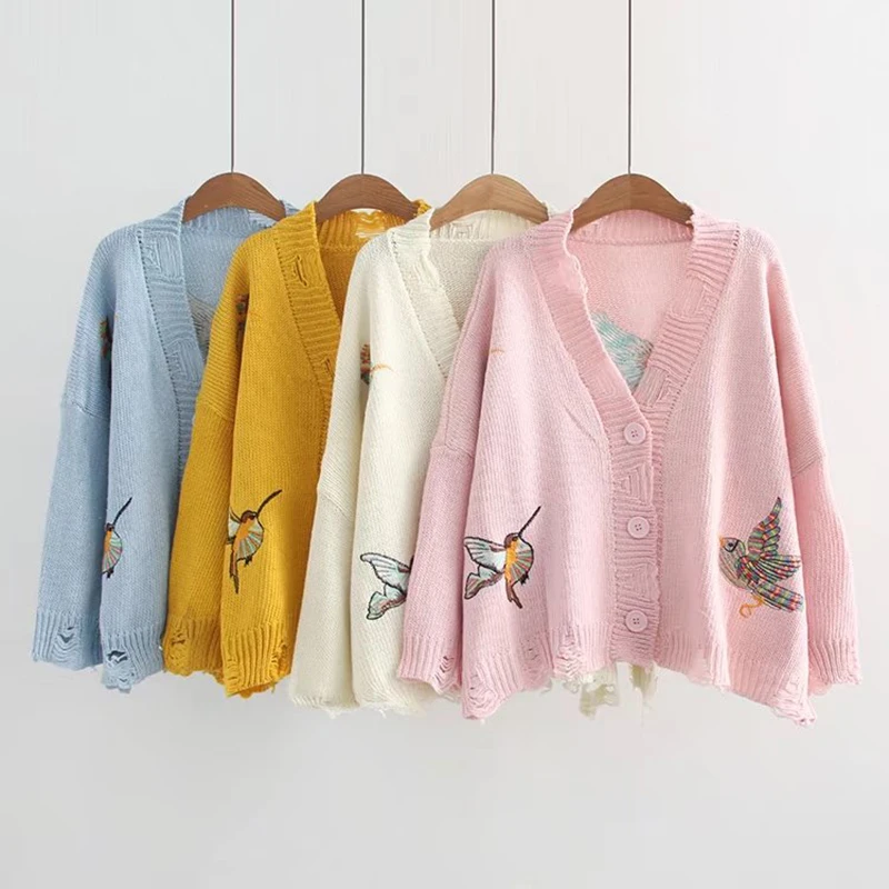 Вязаный однобортный Кардиган с вышивкой птицы желтый бежевый синий свитер