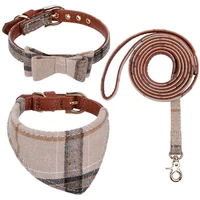 3 pcs bow tie dog collar and leash set brown classic plaid adjustable dogs bandana and collars for puppy cats
