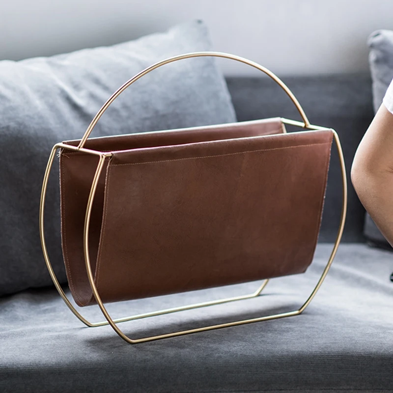 

Metal Leather Magazine Newspaper Rack Handle Rack Sundries Organizer Book Storage Shelf for Home Living Room