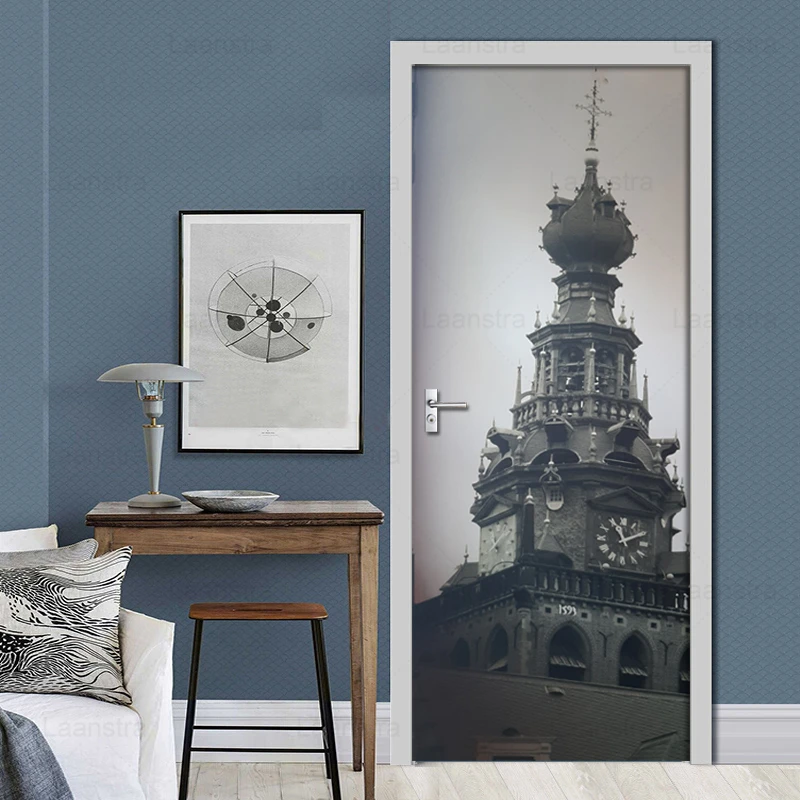 

European Retro Iron Tower Door Stickers Mural PVC Self-adhesive Waterproof Wallpaper Living Room Bedroom Door Decor Decal Poster