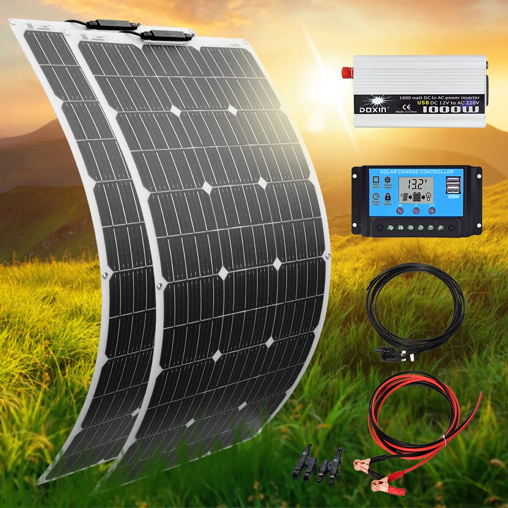 

flexible portable Solar panel 100w 200w 12V battery charger home kit Mono for travel camping pv RV car boat 1000w system oversea