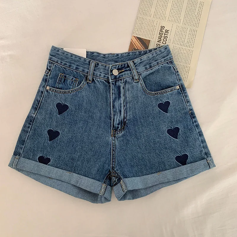 

Retro Hong Kong Style Love Denim Shorts for Women Ins Trendy 2021 Summer New High Waist Curl A- line Wide Leg Hot Pants