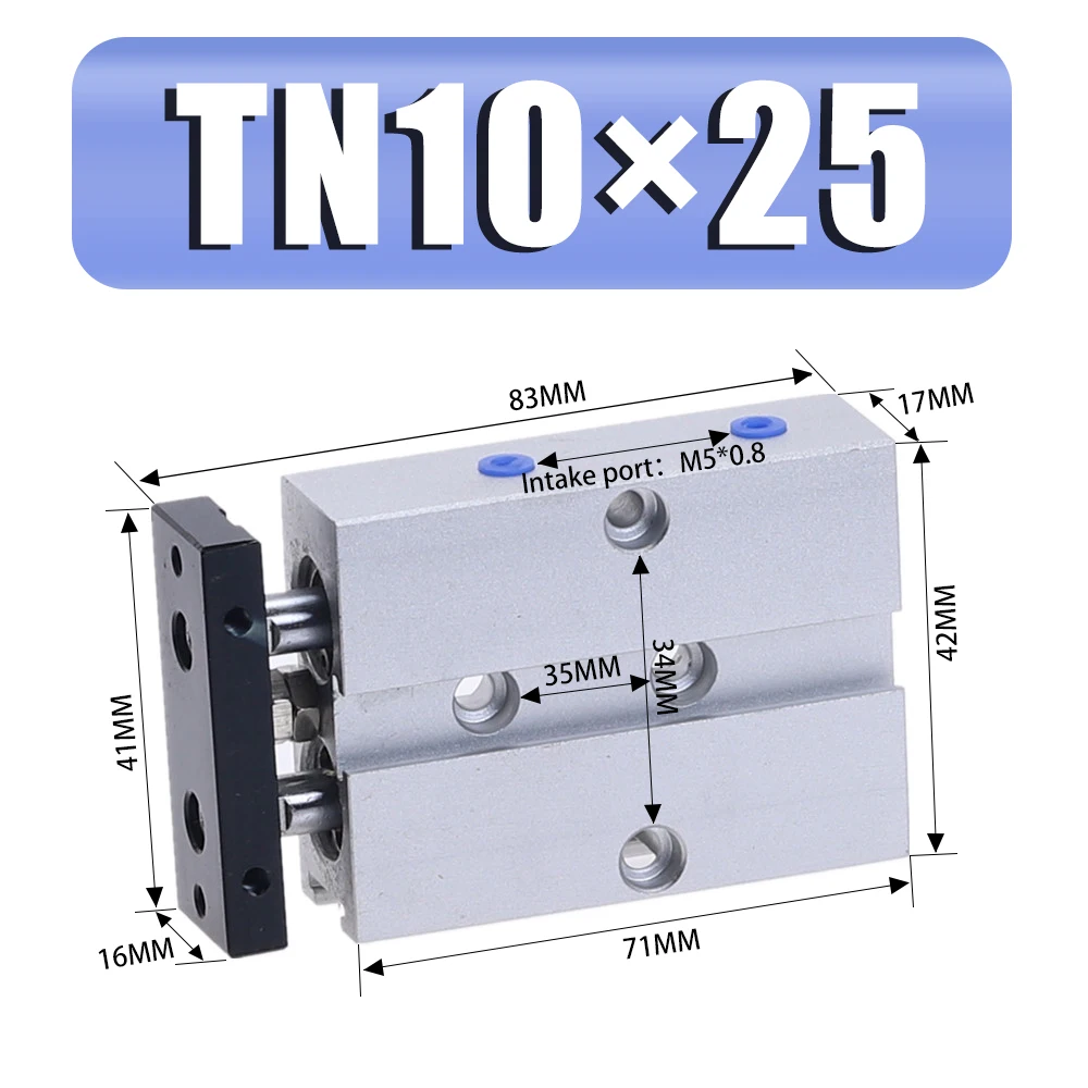 TN10x25 Двойной стержень пневматический цилиндр TN 10 мм Диаметр 10/15/20/25/30/35/40/50/60/70/80/90/100/125/150 мм ход воздуха цилиндр Алюминий из алюминиевого сплава - Цвет: TN10x25