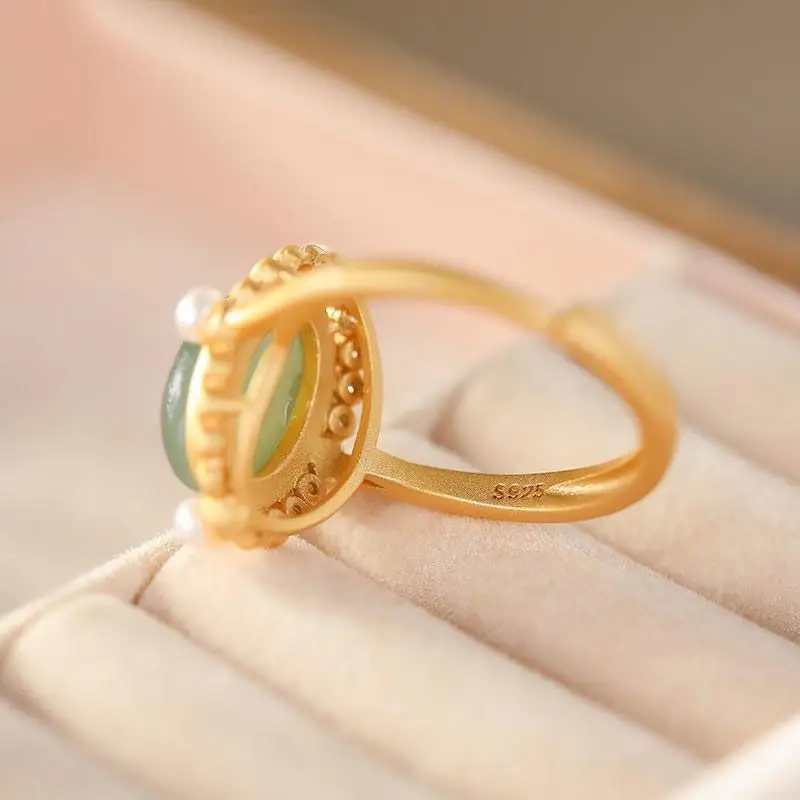 

Hetian Jade S925 Sterling Silver Gold Plated Gray Jade Open Ring Egg Noodles with Pearl Grace High-End Jade Jewelry