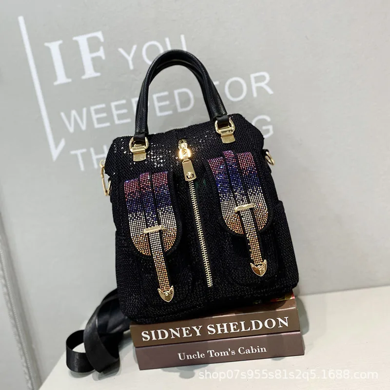 

European And American Fashion Set Auger Sequins With Leather Handbag Leisure multi-purpose One Shoulder Aslant Package Joker Lap