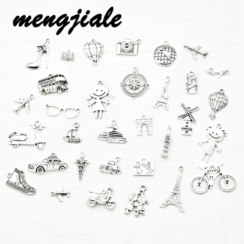 

32pcs Wholesale Two Color Travel Charms Alloy Metal Boat Airplane Bike Car Pendants For DIY Handmade Jewelry Accessories Making