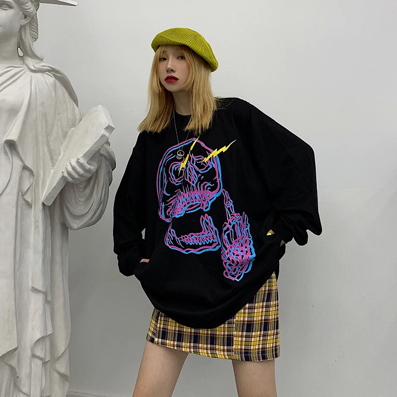 Skull Print Harajuku Hoodie Sweatshirt Casual Hoodies Women Oversized Polyester Cotton Winter Coat Halloween Long Sleeve V557