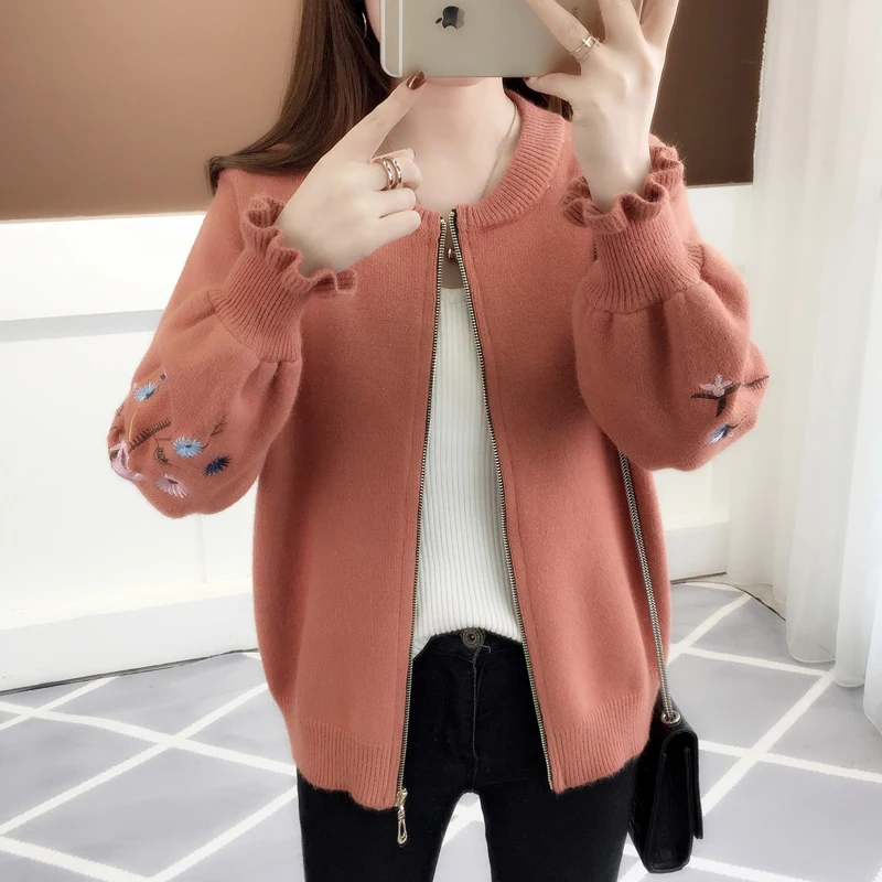 Jumper 2019 Autumn Outfit Sleeve Knit Cardigan Embroidered Lotus Leaf Loose Women's Clothing Han Edition Zipper Sweater Coat |