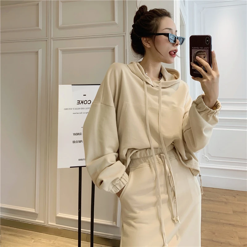 

2020 Two Pieces Set Women Outfits Short Hooded Hoodie + High Waist Drawstring Split Skirt Casual Loose Sweatshirt Bodycon Skirts