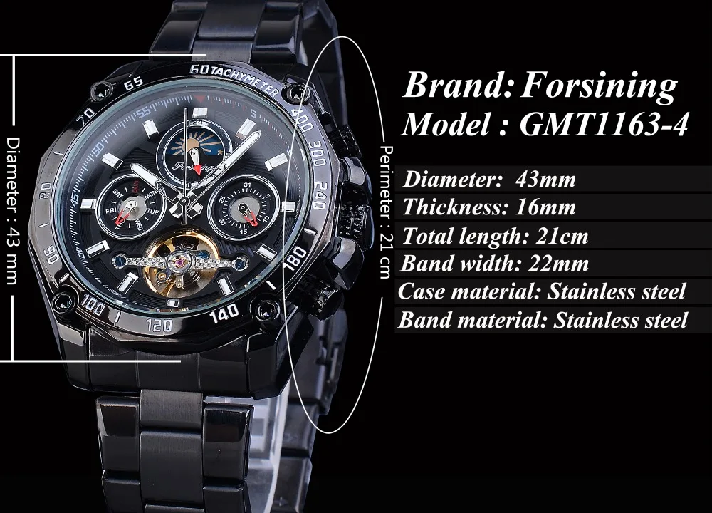 Forsining полностью черные Tourbillon механические часы мужские Moonphase Дата нержавеющая сталь Группа Автоматические наручные часы Erkek Kol Saati