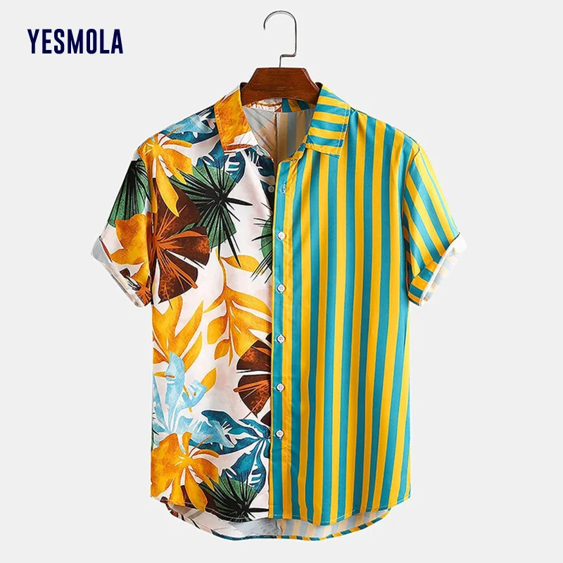 

Летняя гавайская рубашка YESMOLA с коротким рукавом, уличная пляжная рубашка в полоску для мужчин и женщин, повседневные топы, модные мужские р...