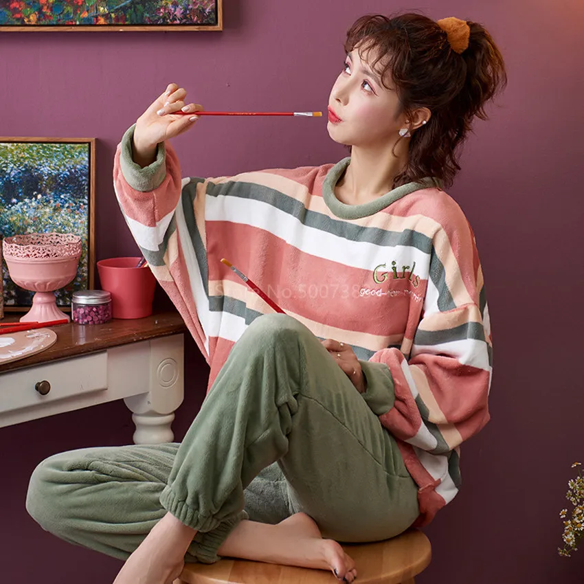 

Women Pajamas Set Cute Cartoon Homewear Female Home Clothes Lounge Wear Winter Long Sleeve Thick Warm Girl Casual Sleepwear