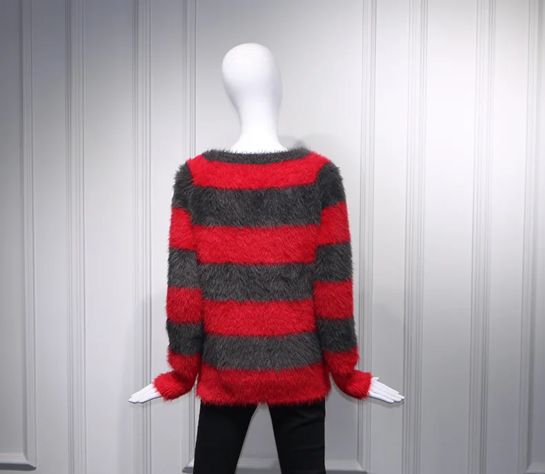 Женский мохеровый свитер в красно-серую полоску свободный шерстяной пуловер с
