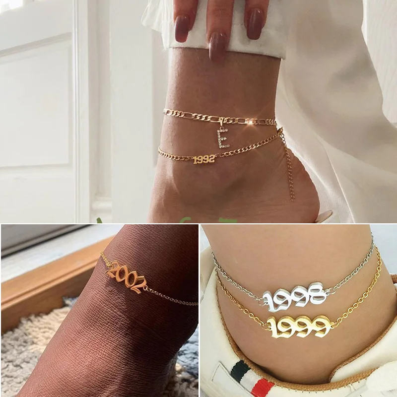 Модные год рождения номер ножные браслеты браслет для женщин на заказ 1980 до 2000 и